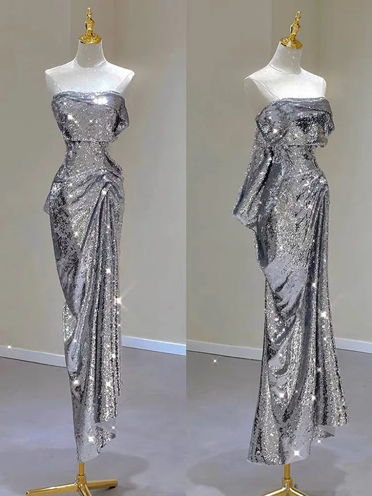Silver Shiny Cocktail Dresses Strapless Ruched Sleeveless Mermaid