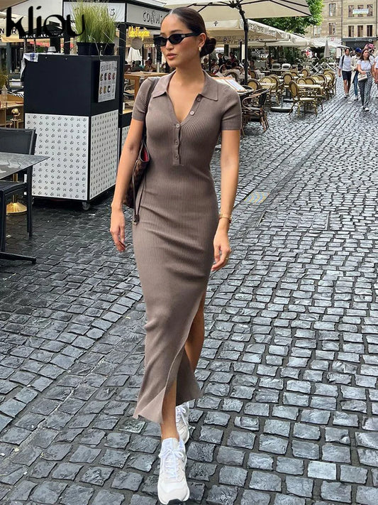 Kliou Elegant Office Lady Maxi Dress Women Solid Fashion Turn-down Collar
