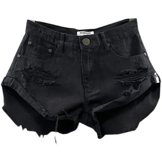 Black Denim Shorts Women's Torn Holes Rough Edges Jeans Shorts 2023 New Summer Korean Low-rise A-shaped Hot Pants