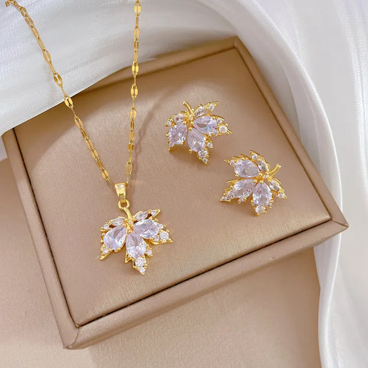 Fashion Micro-inlaid Necklace Earring Set Light Luxury Maple Leaf Personality Temperament Banquet Earrings Clavicle Chain