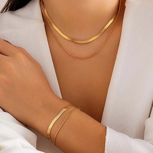 Vintage Double Layer Flat Snake Bone Chain Necklace Bracelet Set for Women Punk Hip Hop Gold Color Choker Necklace Jewelry Gifts