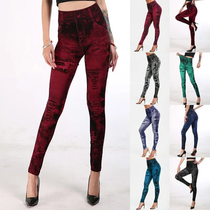 Women Stretch Fitness Leggings Vintage Imitation Jeans High Waist Slim Pants Fashion Sexy High Street Push Up Lady Breeches