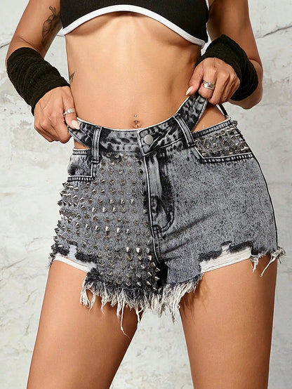 2023 Summer Women Shorts Jeans Rave Ripped Cut Out Waist Studded Detail Raw Hem Denim Shorts Mujer