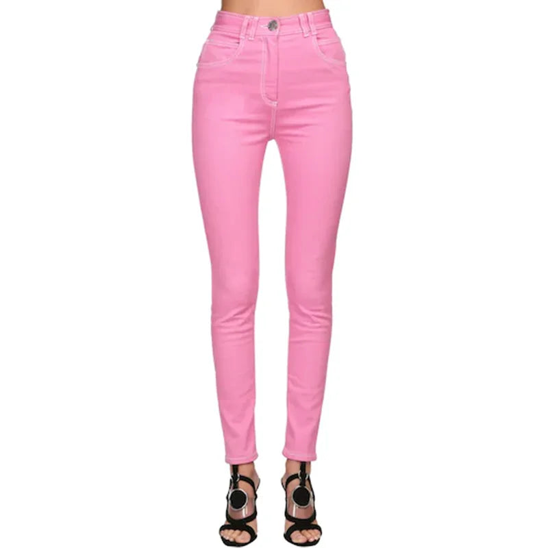 Pantaloni jeans in denim rosa con cuciture superiori a contrasto di alta qualità dei nuovi jeans firmati 2024 da donna