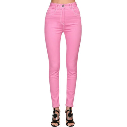 Pantaloni jeans in denim rosa con cuciture superiori a contrasto di alta qualità dei nuovi jeans firmati 2024 da donna