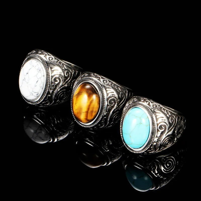 HNSP Natural Stone 316L Stainless Steel Ring For Men Women Vintage Jewelry Tiger Eyes Black Stone Rings Finger Accessory