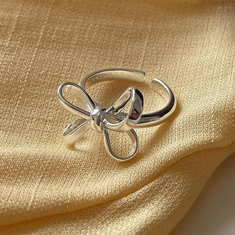 Korean Real S925 Sterling Silver Fine Rings Simple Bow Pattern Gold Plated Circle Personality Fashion Retro Rings Women Jewelry