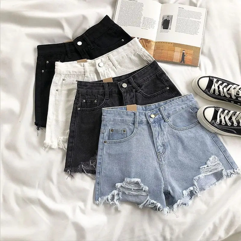 Women Wide Leg Hole Black Denim Shorts Casual Female Streetwear Loose Solid Color White Jeans Shorts Casual Female Shorts Loose Sri sampi