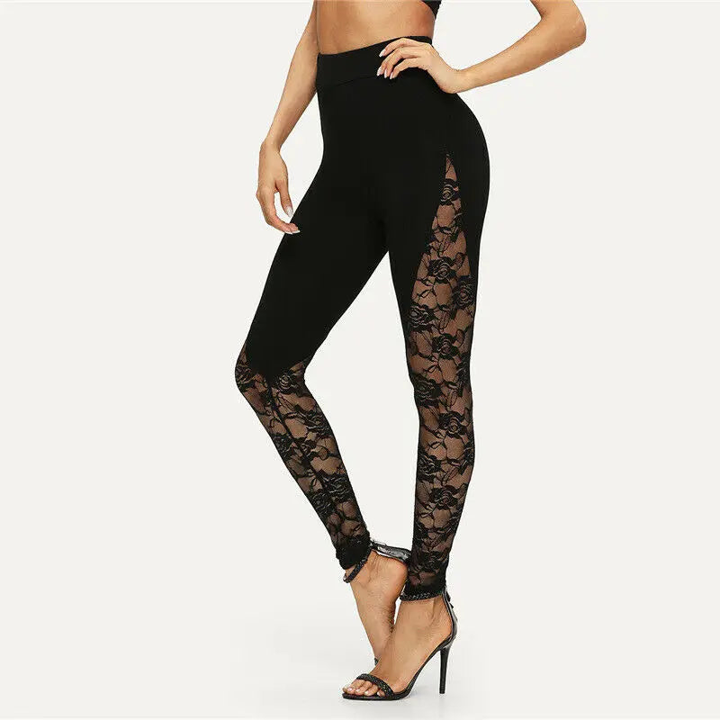 Sexy High Waist Black Lace Leggings Women's Ladies Floral Lace Side Panel Cut Out Black Leggings S M L 2XL