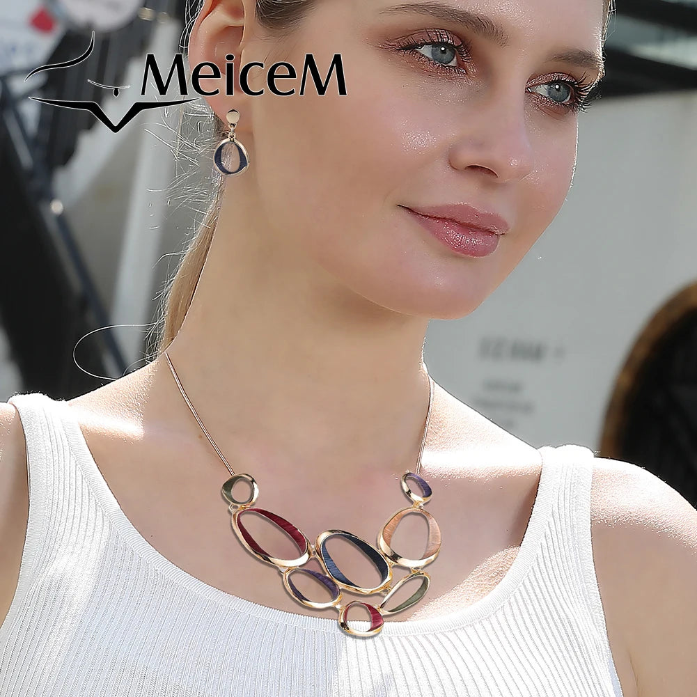 MeiceM 2024 Trendy OvaI  Alloy Chain Necklaces Set Classic Enamel Geometry Necklace Women's Chokers Necklaces for Girls Dress