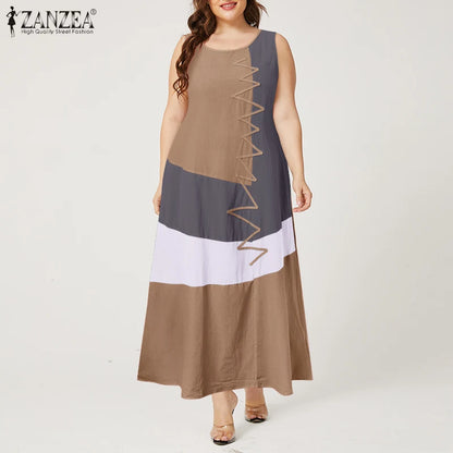 Kaftan Color Stitching Maxi Dress Women Summer Sundress ZANZEA 2023 Casual Sleeveless Tank Vestidos Female O Neck Robe Plus Size