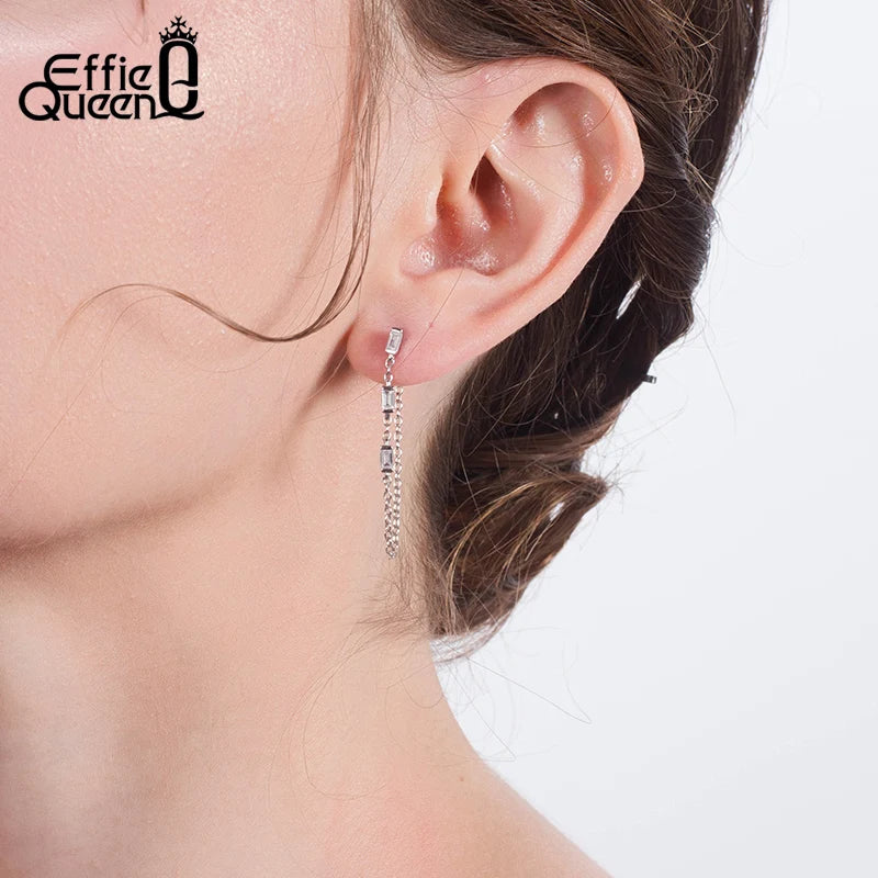 Effie Queen 925 Silver Chain Earring Texture Dangle Long Drop Earring With AAAA  Zircon Earring Jewelry Party Gift BE238