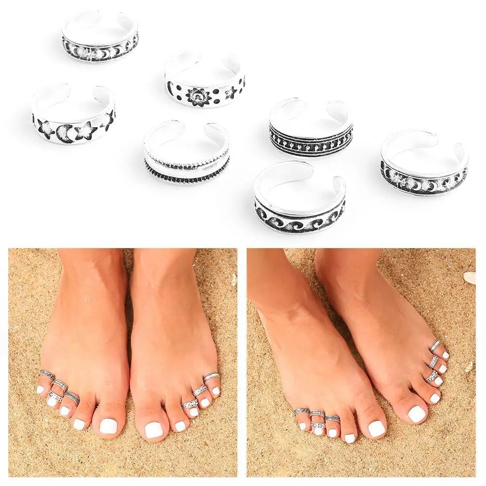 7pcs/set Retro Alloy Foot Rings Women's Fashion Carved Hollow Opening Multi-element Foot Set