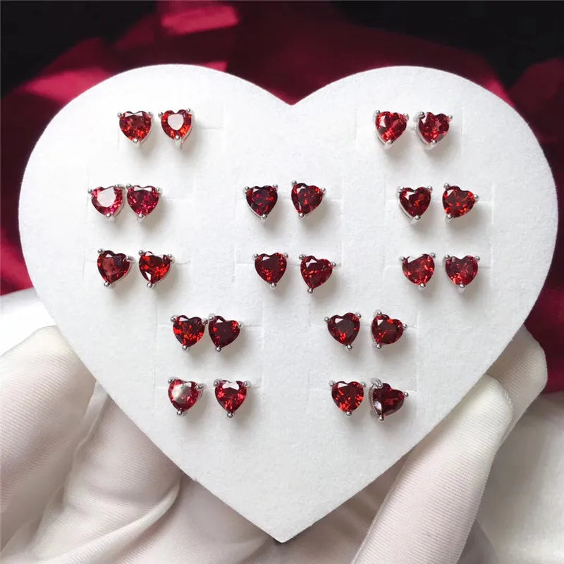 LeeChee Heart Garnet Stud Earrings for Woemn Anniversary Birthday Gift 5MM Wine Red Natural Gemstone Real 925 Sterling Silver