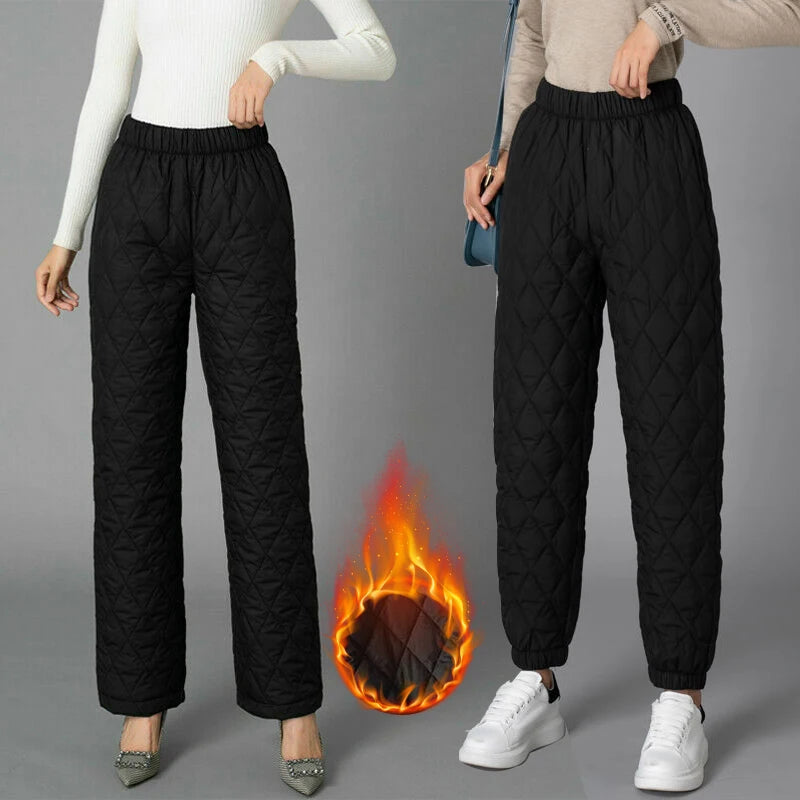 Women Winter Warm Down Cotton Pants Padded Quilted Trousers Elastic Waist Casual Trousers - Sri sampi