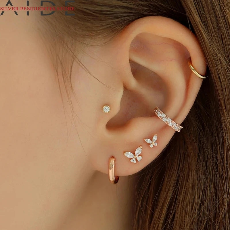 AIDE Creative Butterfly Stud Earrings Female S925 Sterling Silver Spiral Column Zircon Earrings For Women Gold Piercing Jewelry