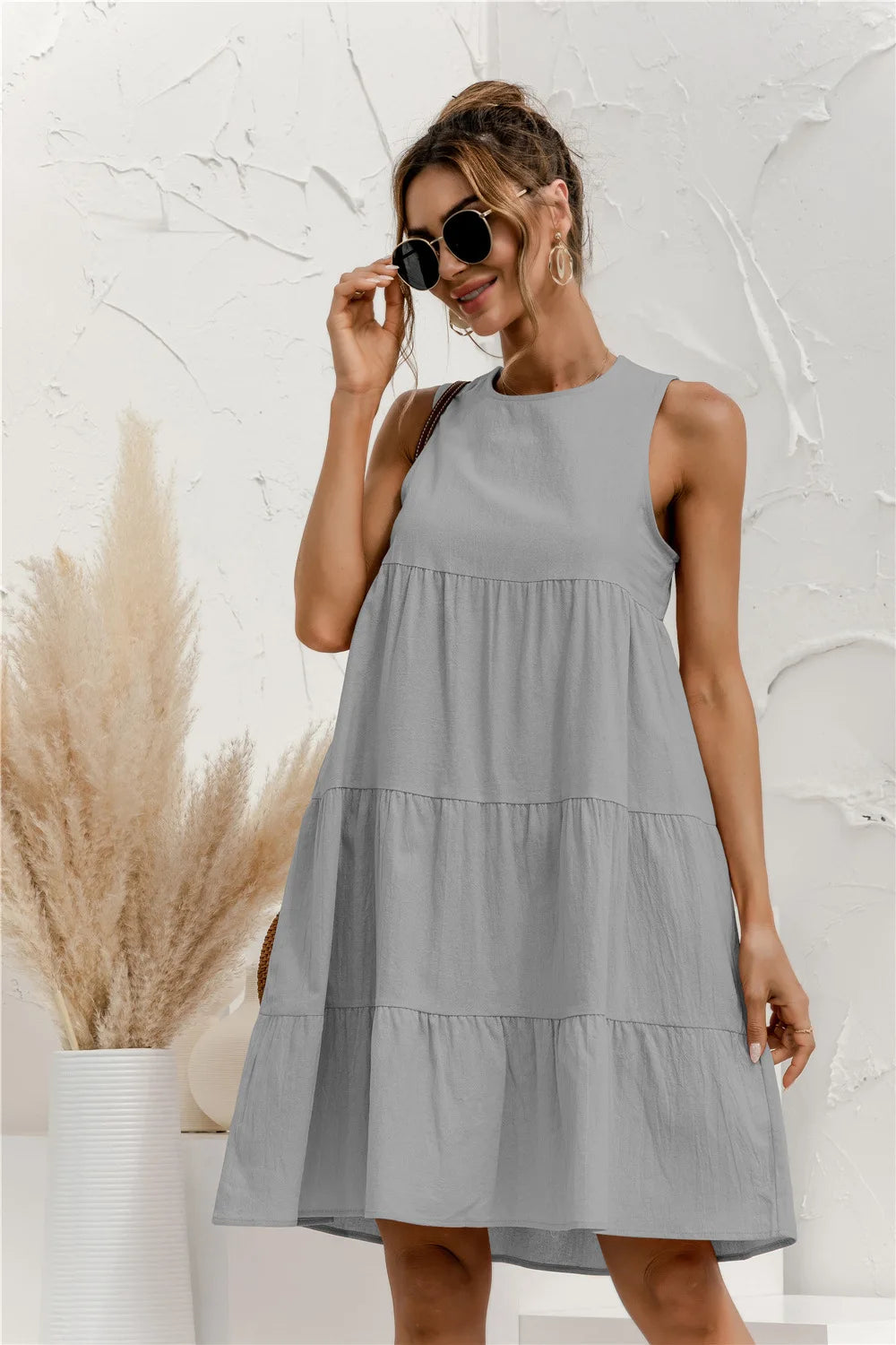 2024 Summer Women Vest Dress Cotton O-Neck Sleeveless Solid Midi Dress Stitching Large Swing dresses Loose Sundress Vestidos