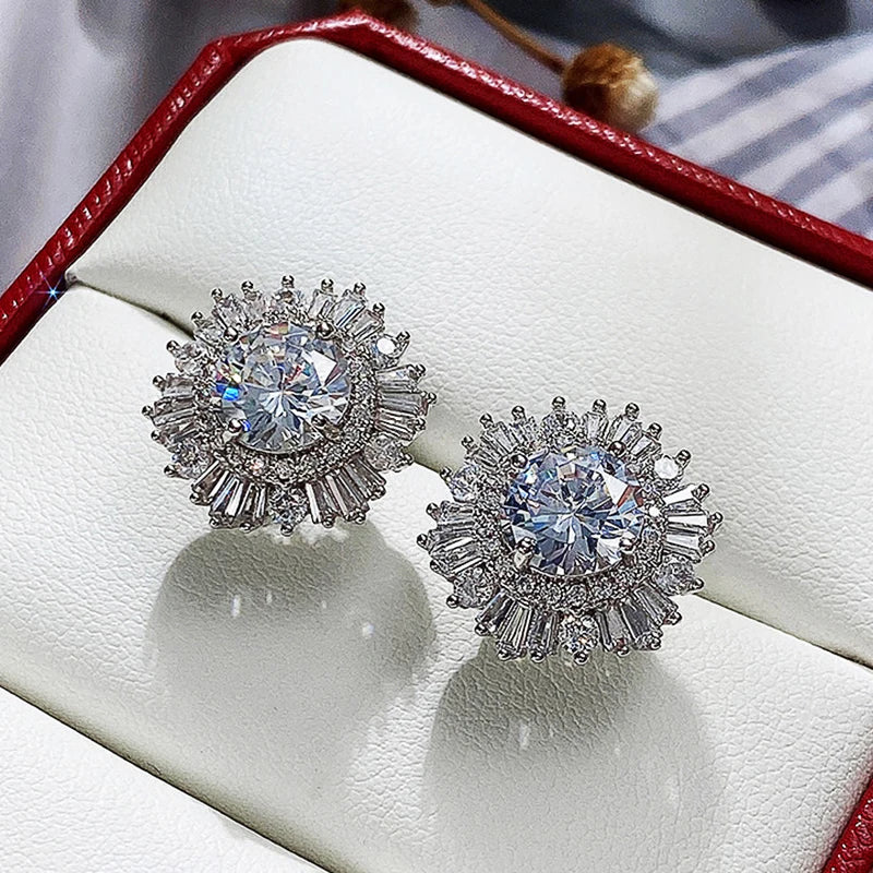 Huitan Eternity Cubic Zirconia Flower Stud Earrings for Women High Quality Wedding Accessories Classic Versatile Female Jewelry