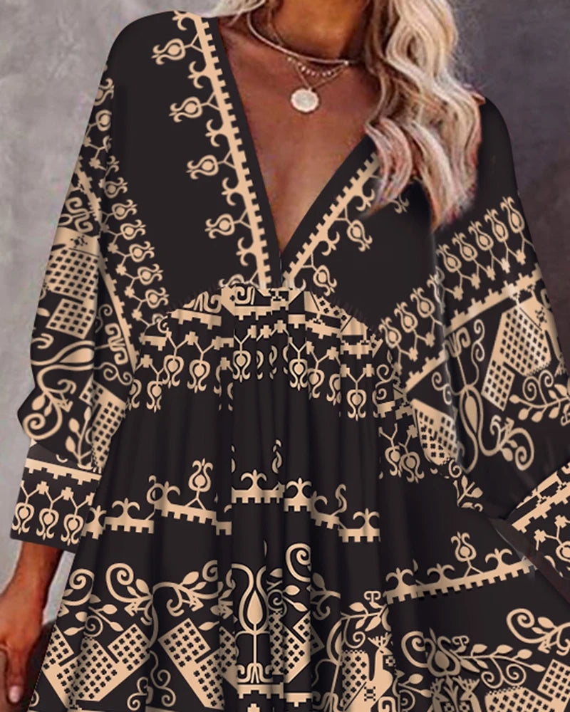 Autumn All Over Print V-Neck Fold Pleated Mini Dress 2023 Femme Casual Lace Up Back Flare Sleeve Robe Office Lady Outfits traf