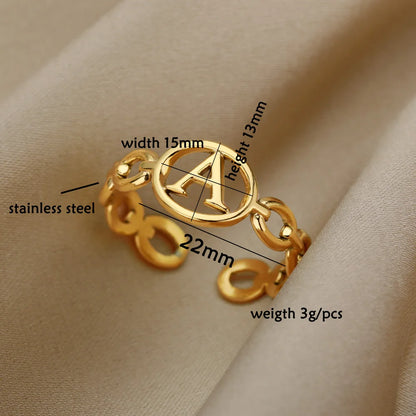 Hollow Initial Letter Rings For Women Stainless Steel Ring Gold Color Link Adjustable Ring Female Wedding Aesthetic Jewelry Gift