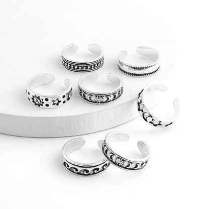 7pcs/set Retro Alloy Foot Rings Women's Fashion Carved Hollow Opening Multi-element Foot Set