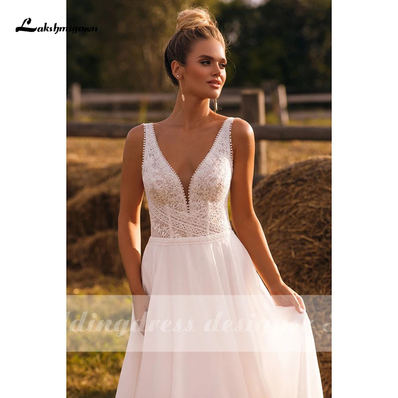 Customize Boho A-Line Wedding Dress High Quality Sleeveless Backless Sweep Train White Ivory Chiffon Bridal Gowns Robe De Mariée