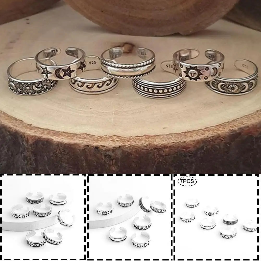 7pcs/set Retro Alloy Foot Rings Women's Fashion Carved Hollow Opening Multi-element Foot Set