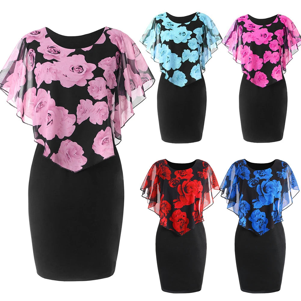 Summer Women Dress Elegant Office Lady Rose Flower Print Cape Mesh Bodycon Knee Length Dresses Outfits Evening Party