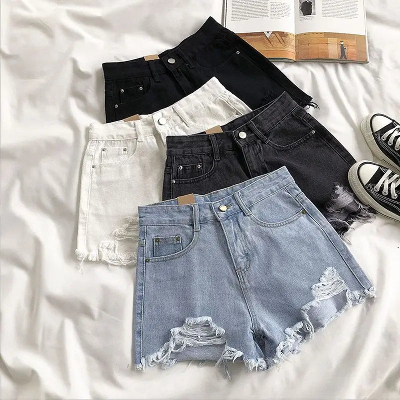 Women Wide Leg Hole Black Denim Shorts Casual Female Streetwear Loose Solid Color White Jeans Shorts Casual Female Shorts Loose Sri sampi