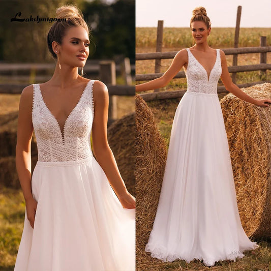 Customize Boho A-Line Wedding Dress High Quality Sleeveless Backless Sweep Train White Ivory Chiffon Bridal Gowns Robe De Mariée