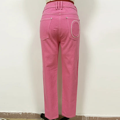 HIGH QUALITY Newest 2024 Designer Jeans Women's Top Stitching Contrast Pink Denim Jeans Pants