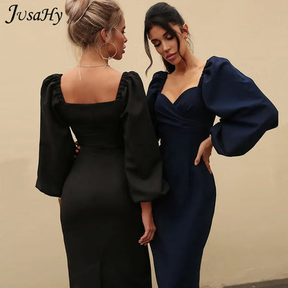 JusaHy Elegant Pure Color Latern Sleeves Bodycon Dress for Women Party Clubwear Formal Midi dresses Mujer Casual Streetwear Hot