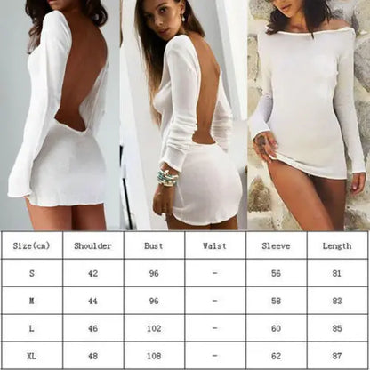 New Fashion Women Sexy Bodycon Slim Dress Solid Long Sleeve Backless Cocktail Party Short Mini Dress Summer Holiday Beach Dress