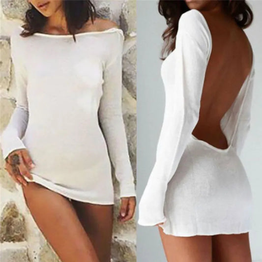 New Fashion Women Sexy Bodycon Slim Dress Solid Long Sleeve Backless Cocktail Party Short Mini Dress Summer Holiday Beach Dress