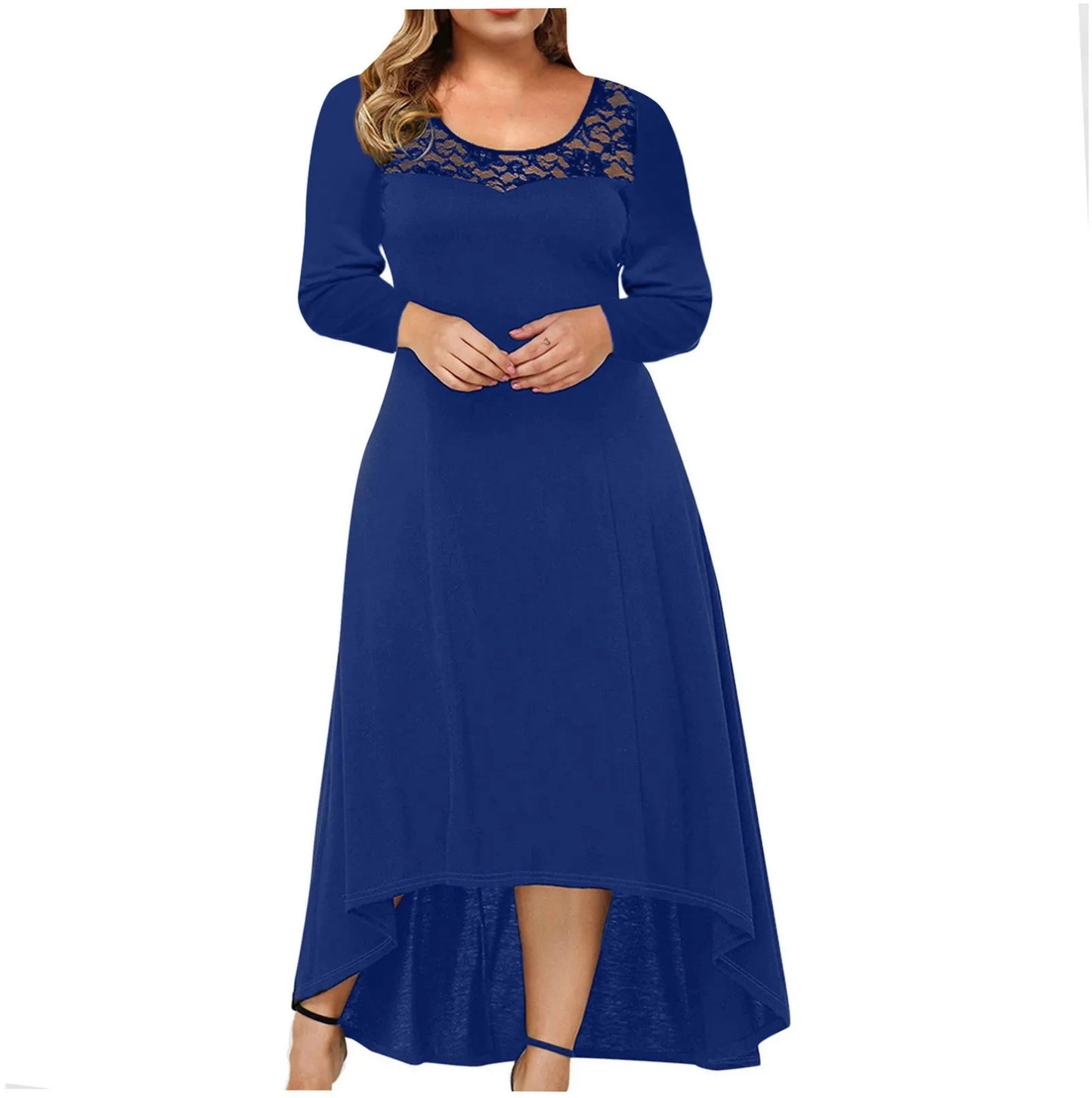 Women Plus Size Casual Solid Lace Dress Sexy O Neck Loose Long Sleeve Irregular Lace Stitching Long Dress Elegant Formal Dresses - Sri sampi