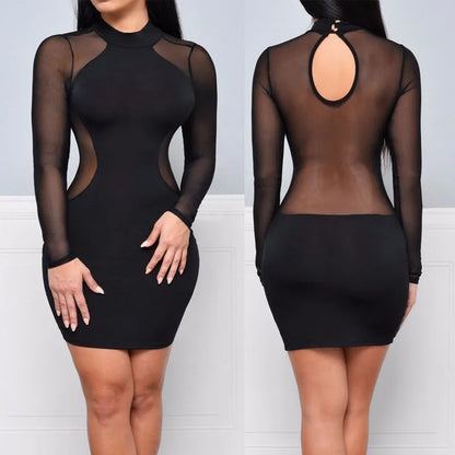 Fashion Bodycon Mini Dress 2023 Women Sexy Mesh Patchwork See-Through Long Sleeve Sheath Slim Evening Party Dresses