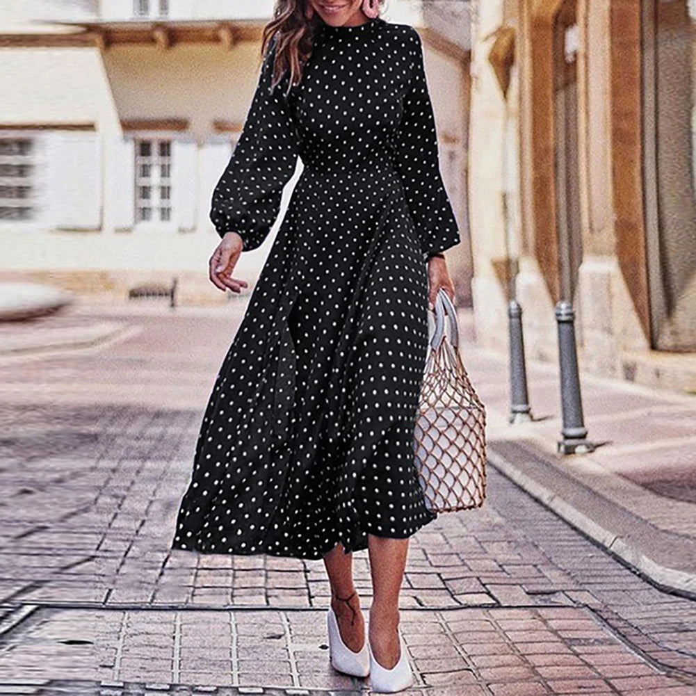 Fashion Women Dress Vintage Long Puff Sleeve Irregular Large Hem Polka Dots Party Midi Dresses for Women 2021