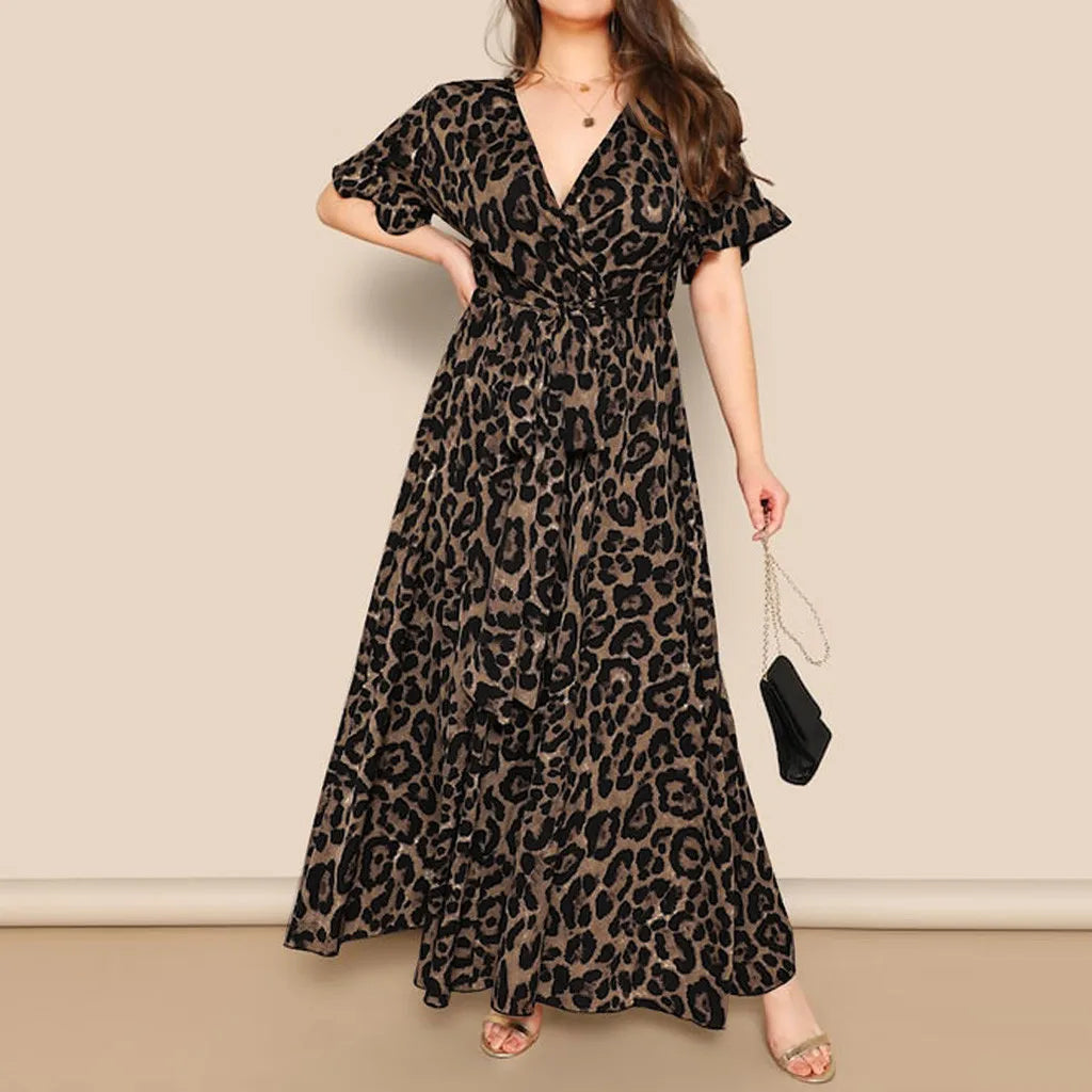 Fashion Women Sexy Summer Dress 2021 Plus Size Leopard Print V-Neck Loose Belt Streetwear Short Sleeve Bandage Maxi Dresses