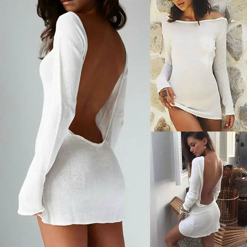 New Fashion Women Sexy Bodycon Slim Dress Solid Long Sleeve Backless Cocktail Party Short Mini Dress Summer Holiday Beach Dress