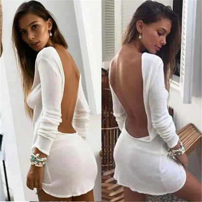 New Fashion Women Sexy Bodycon Slim Dress Solid Long Sleeve Backless Cocktail Party Short Mini Dress Summer Holiday Beach Dress