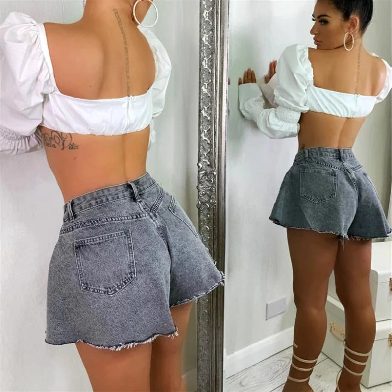 Women Loose Style Shorts Solid Color Mid Waist Cutting Edge Flared Denim Shorts Fahiong Femme High Streetwear - Sri sampi