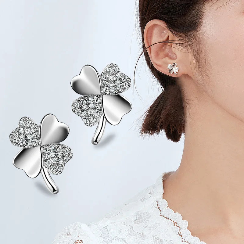 Hot Sale 925 Sterling Silver Heart Earring brincos pendientes Lucky Clover Stud Earring For Women Gift oorbellen S-E55