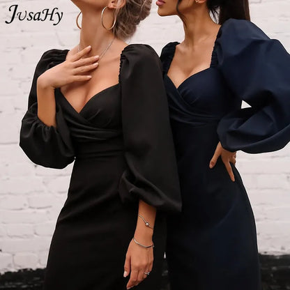 JusaHy Elegant Pure Color Latern Sleeves Bodycon Dress for Women Party Clubwear Formal Midi dresses Mujer Casual Streetwear Hot