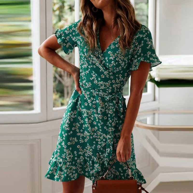 Boho Floral Print Ruffles Women Dress 2022 Summer Sexy V Neck Short Sleeve A Line Chiffon Mini Dresses Beach Vacation Sundress