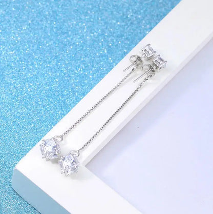 Luxury 925 stamp silver color Earrings Love Candy Zirconia Cube Tassel Long Earrings Ear Line Drop Earrings For Women S-E180