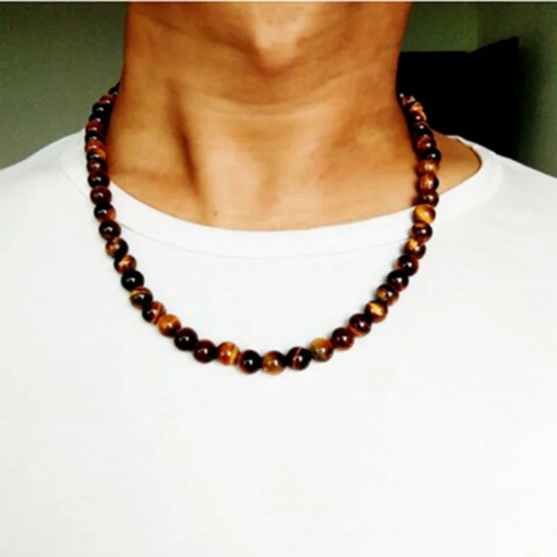 Trendy Men Necklace 6/8mm Black Lava Stone Yellow Tiger Eye Choker Rock Beads Necklace Men Jewelry Handmade Collar Dropshipping