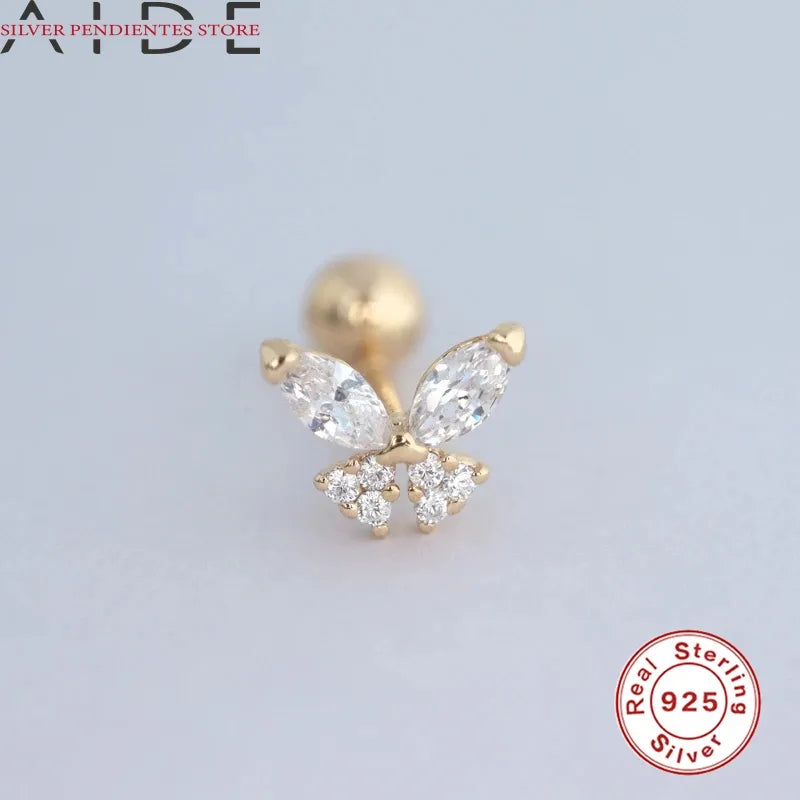 AIDE Creative Butterfly Stud Earrings Female S925 Sterling Silver Spiral Column Zircon Earrings For Women Gold Piercing Jewelry