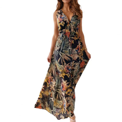 Bohemian Maxi Dresses for Women 2021 Sexy Deep V Neck Backless Lace Up Leaf Floral Print Sleeveless Beach Long Dress Summer