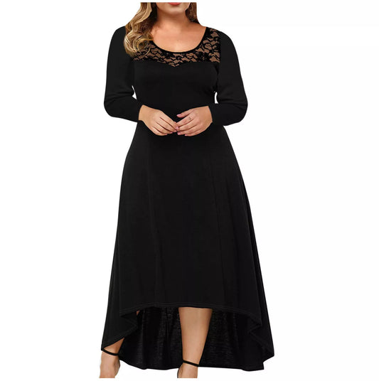 Women Plus Size Casual Solid Lace Dress Sexy O Neck Loose Long Sleeve Irregular Lace Stitching Long Dress Elegant Formal Dresses