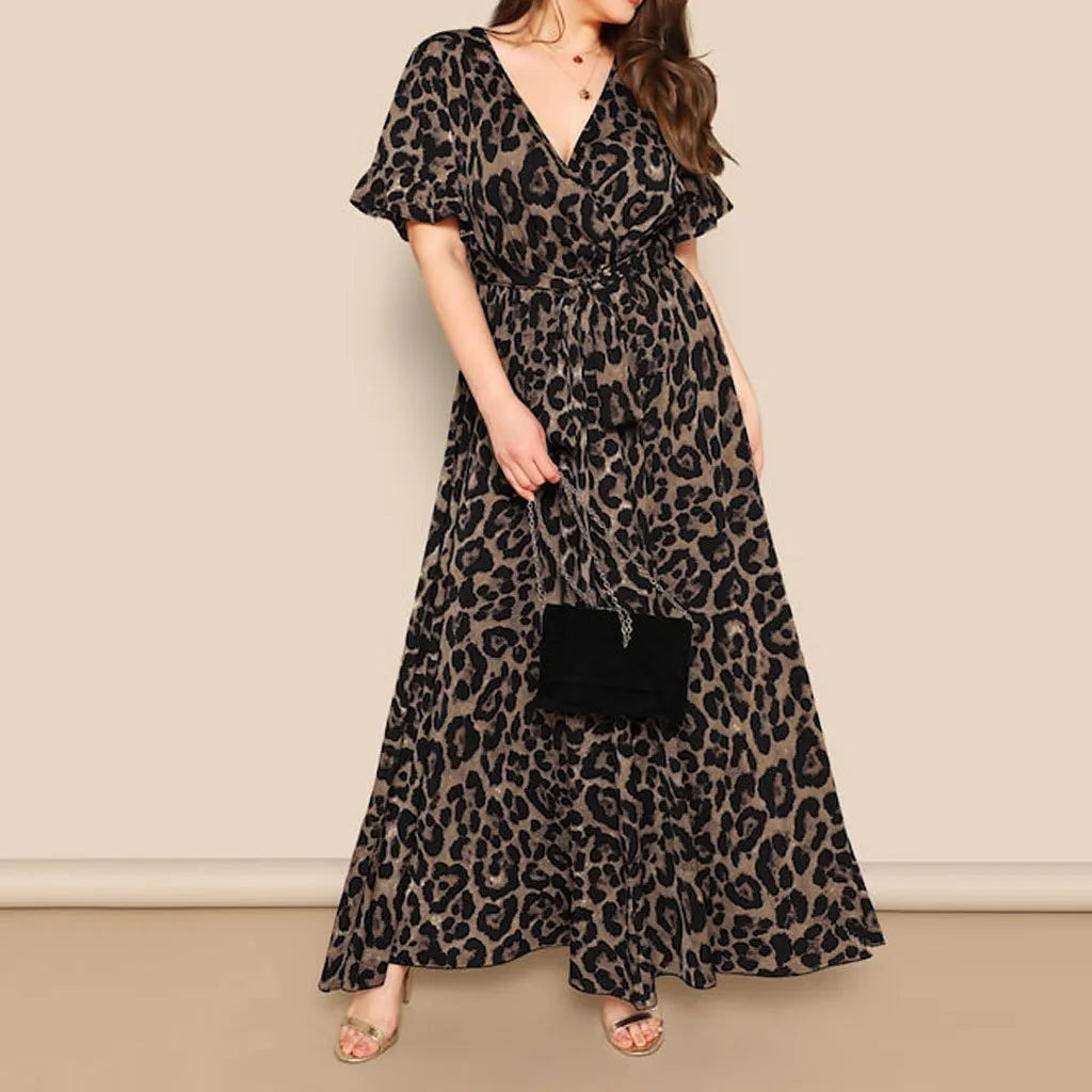 Fashion Women Sexy Summer Dress 2021 Plus Size Leopard Print V-Neck Loose Belt Streetwear Short Sleeve Bandage Maxi Dresses